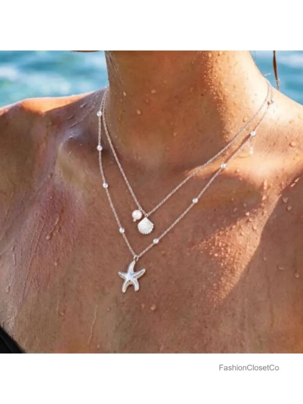 White Gold Plated Brass Shell Starfish Pearl Layered Necklace Waterproof